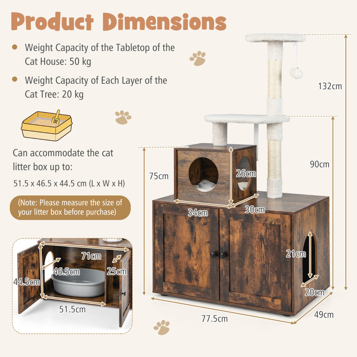LIVSK Kattenkast met Krabpaal - All-in-1 Kattenmeubel met Privacy - Stabiele Structuur - 77,5 x 49 x 132 cm - Bruin