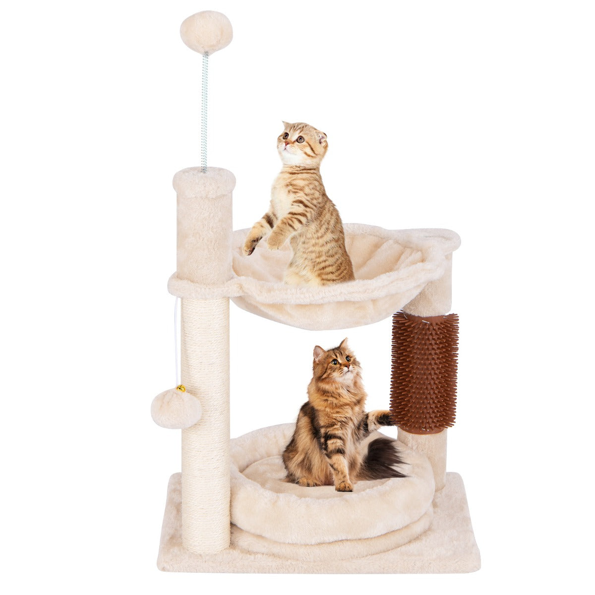 LIVSK Pluche Krabpaal met 2 Verdiepingen - Hangmat en Zelfborstel - Natuurlijke Sisal - Compact voor Binnenkatten - Beige