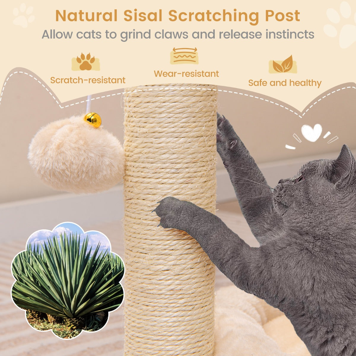 LIVSK Pluche Krabpaal met 2 Verdiepingen - Hangmat en Zelfborstel - Natuurlijke Sisal - Compact voor Binnenkatten - Beige