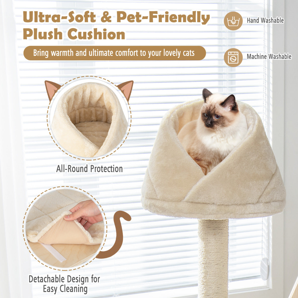 LIVSK Meerlaagse Kattenkrabpaal - Draaibare Krabbal - 5 Ligplekken - Massief Hout - Stabiel en Comfortabel - Beige