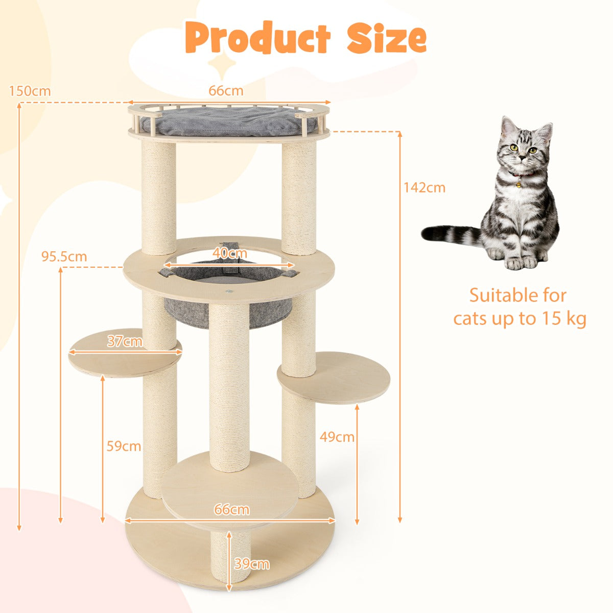 LIVSK 5-traps Kattenkrabpaal - Comfortabele Hangmat - Dikke Sisalpalen - Stabiele Multiplex Platforms - Tot 15 kg - Grijs + Natuur