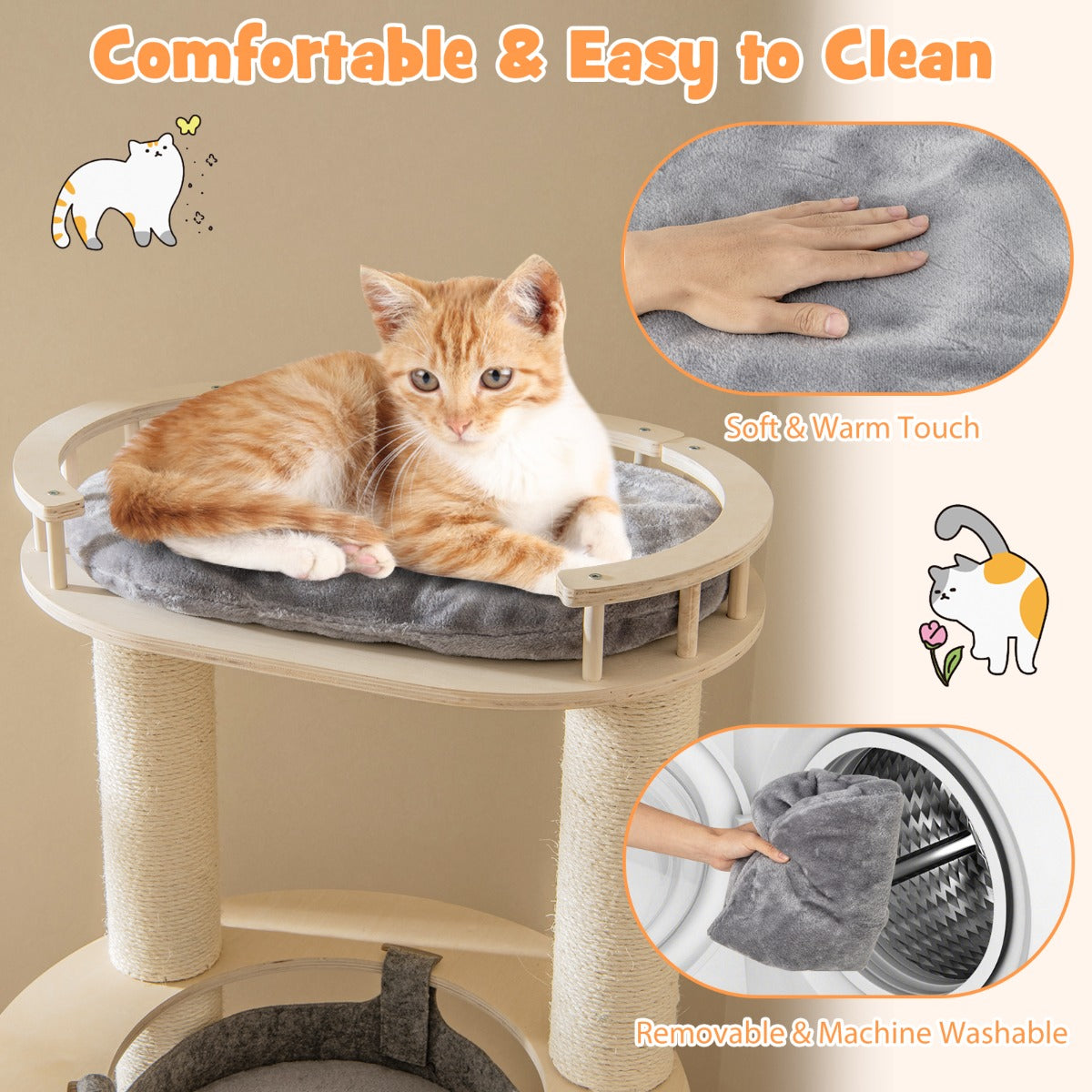 LIVSK 5-traps Kattenkrabpaal - Comfortabele Hangmat - Dikke Sisalpalen - Stabiele Multiplex Platforms - Tot 15 kg - Grijs + Natuur