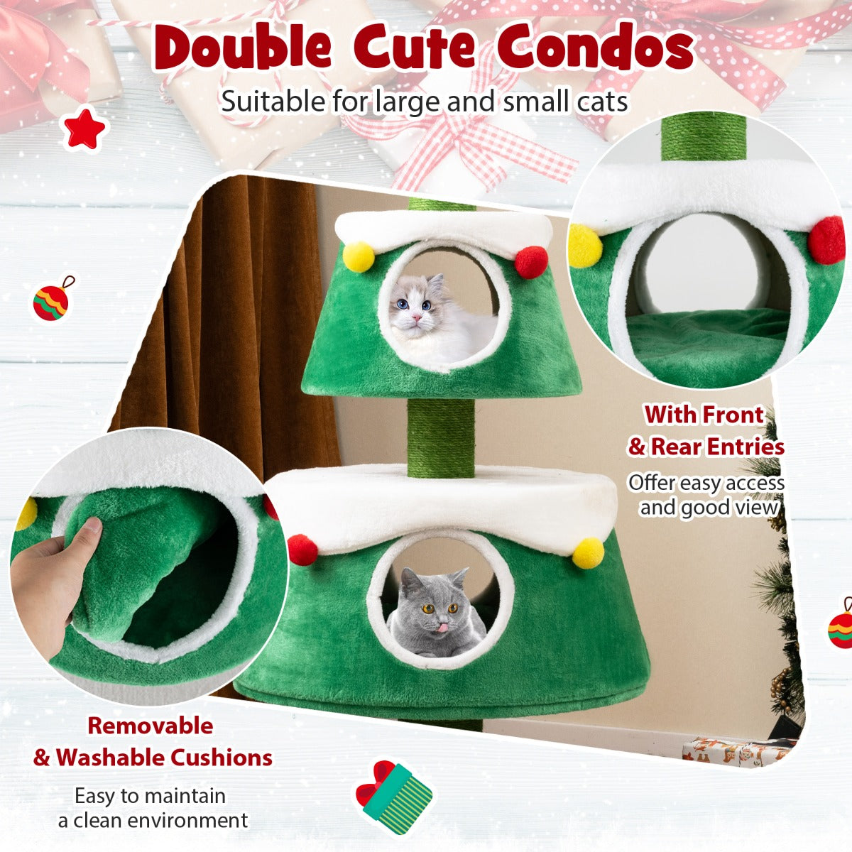 Livsk costway krabpaal voor kerstmis schattige kattenboom met 2 kattenholtes sisal krabzuilen speelgoed pluche kussen kattenmeubel 4