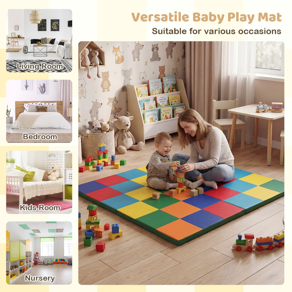 Livsk costway kruipkleed voor peuters opvouwbaar speelkleed met kunstleer en zacht schuimrubber groot vloerkleed multicolor 3
