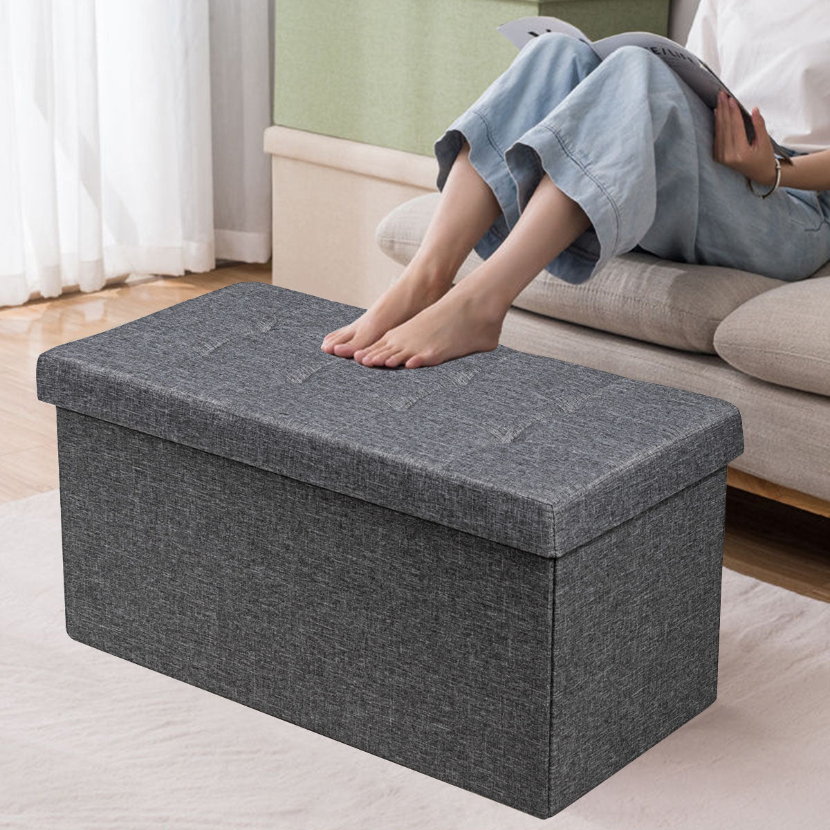 LIVSK Opvouwbare Voetenbank met Opbergruimte - Robuust MDF-frame - Comfortabele Bekleding - Eenvoudig Inklapbaar - Donkergrijs