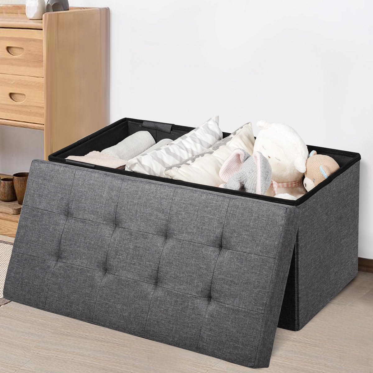 LIVSK Opvouwbare Voetenbank met Opbergruimte - Robuust MDF-frame - Comfortabele Bekleding - Eenvoudig Inklapbaar - Donkergrijs