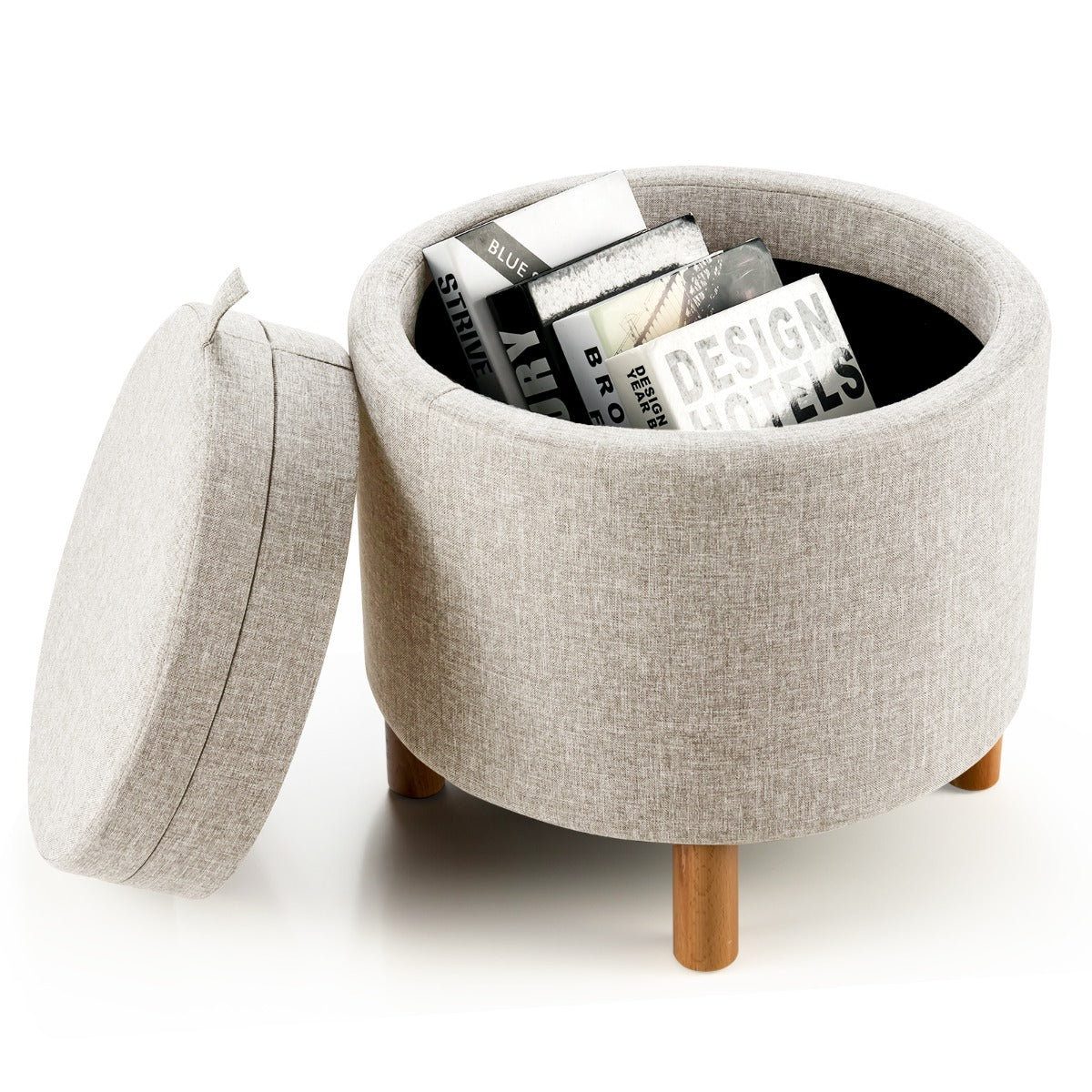LIVSK Ronde Opbergpoef van Fluweel - Afneembaar Deksel - Opbergruimte - Belastbaar tot 150 kg - 44 x 44 x 42 cm - Beige