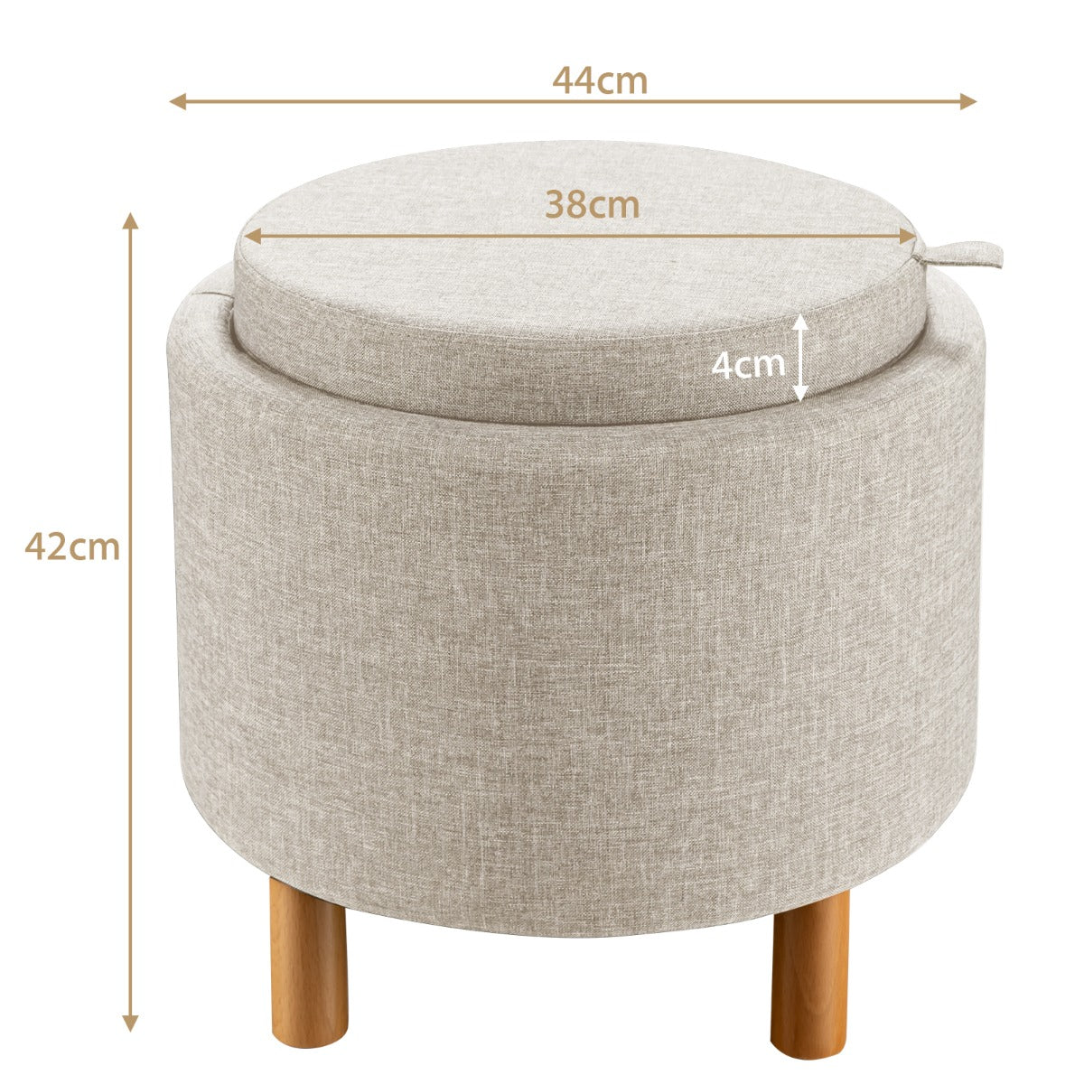 LIVSK Ronde Opbergpoef van Fluweel - Afneembaar Deksel - Opbergruimte - Belastbaar tot 150 kg - 44 x 44 x 42 cm - Beige