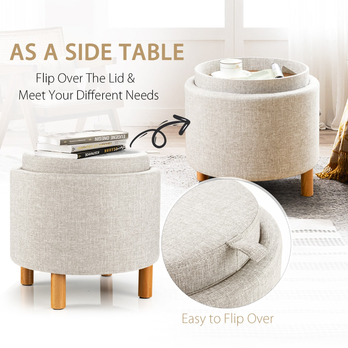LIVSK Ronde Opbergpoef van Fluweel - Afneembaar Deksel - Opbergruimte - Belastbaar tot 150 kg - 44 x 44 x 42 cm - Beige