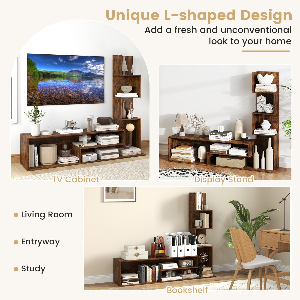 LIVSK TV-standaard voor 50" TV's - L-vormige opbergplanken - Inclusief anti-kantelset - 144,5 x 29,5 x 121 cm - Wit/Bruin