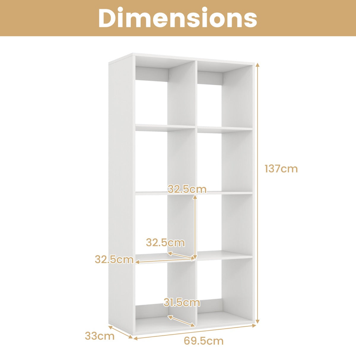 Livsk costway kubusboekenkast moderne kubusboekenkast met achterwandbescherming en kantelbeveiligingsset 695 x 33 x 137 cm wit 2