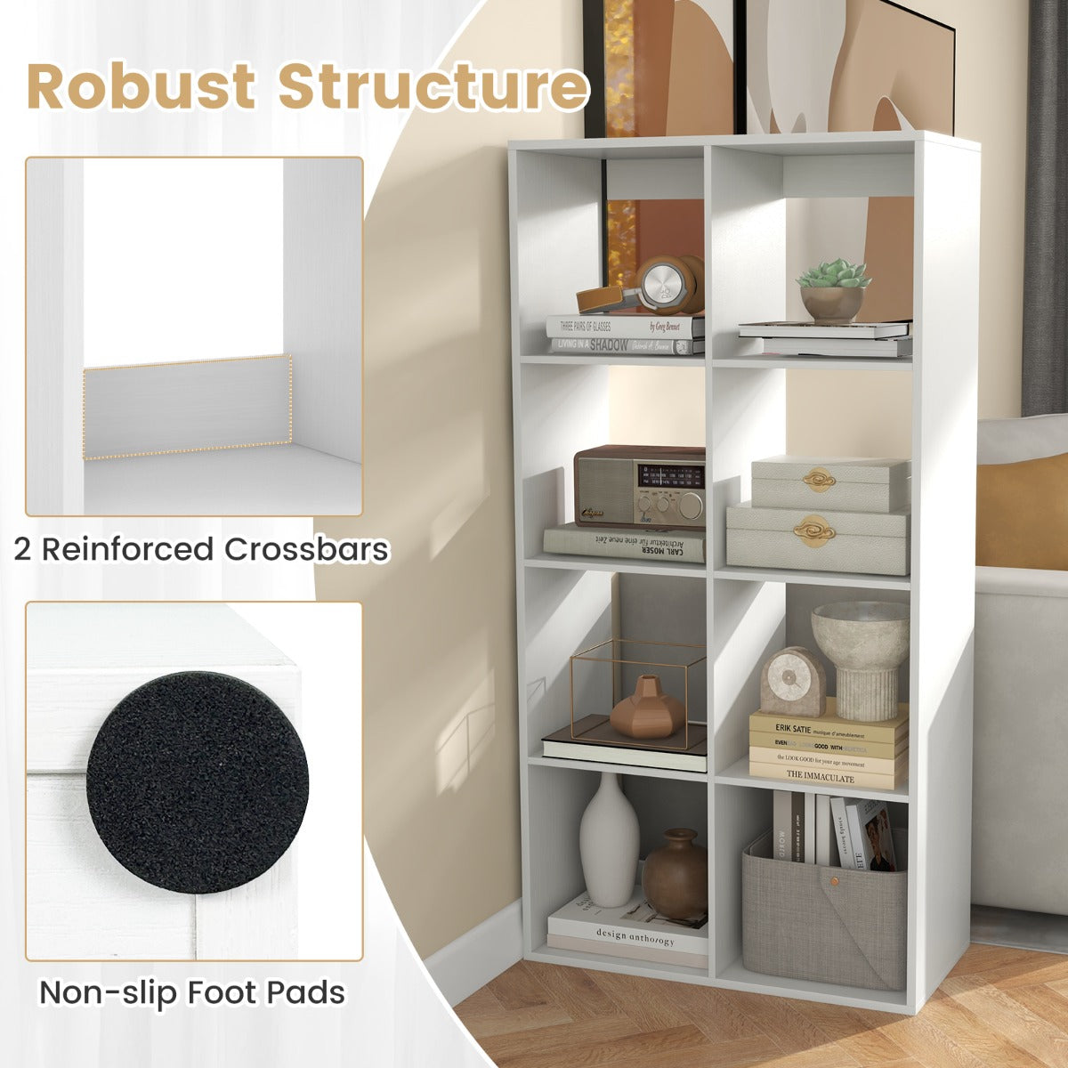 Livsk costway kubusboekenkast moderne kubusboekenkast met achterwandbescherming en kantelbeveiligingsset 695 x 33 x 137 cm wit 3