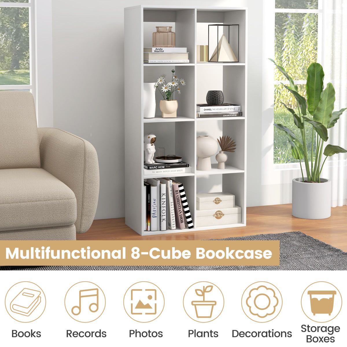 Livsk costway kubusboekenkast moderne kubusboekenkast met achterwandbescherming en kantelbeveiligingsset 695 x 33 x 137 cm wit 5