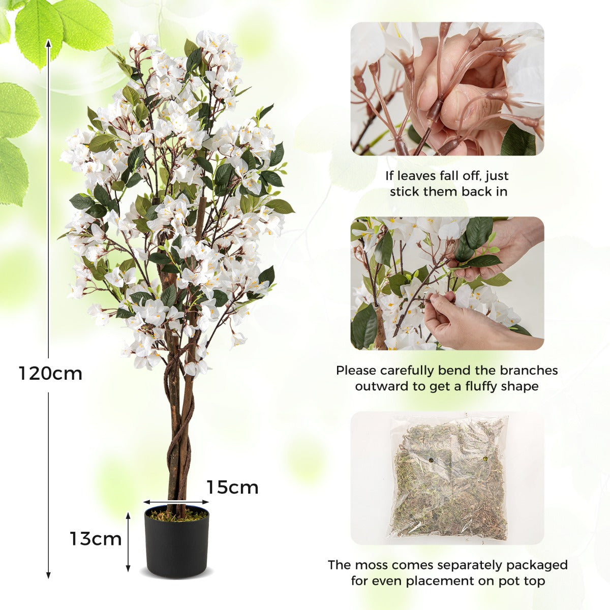 LIVSK Kunstmatige Bougainvillea Boom 120 cm - Houten Stam - Ondersteund door Betonnen Pot - Onderhoudsvrij - Roze/Wit