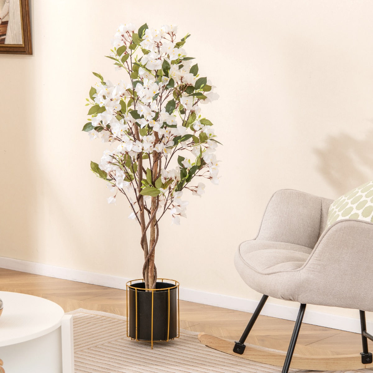 LIVSK Kunstmatige Bougainvillea Boom 120 cm - Houten Stam - Ondersteund door Betonnen Pot - Onderhoudsvrij - Roze/Wit