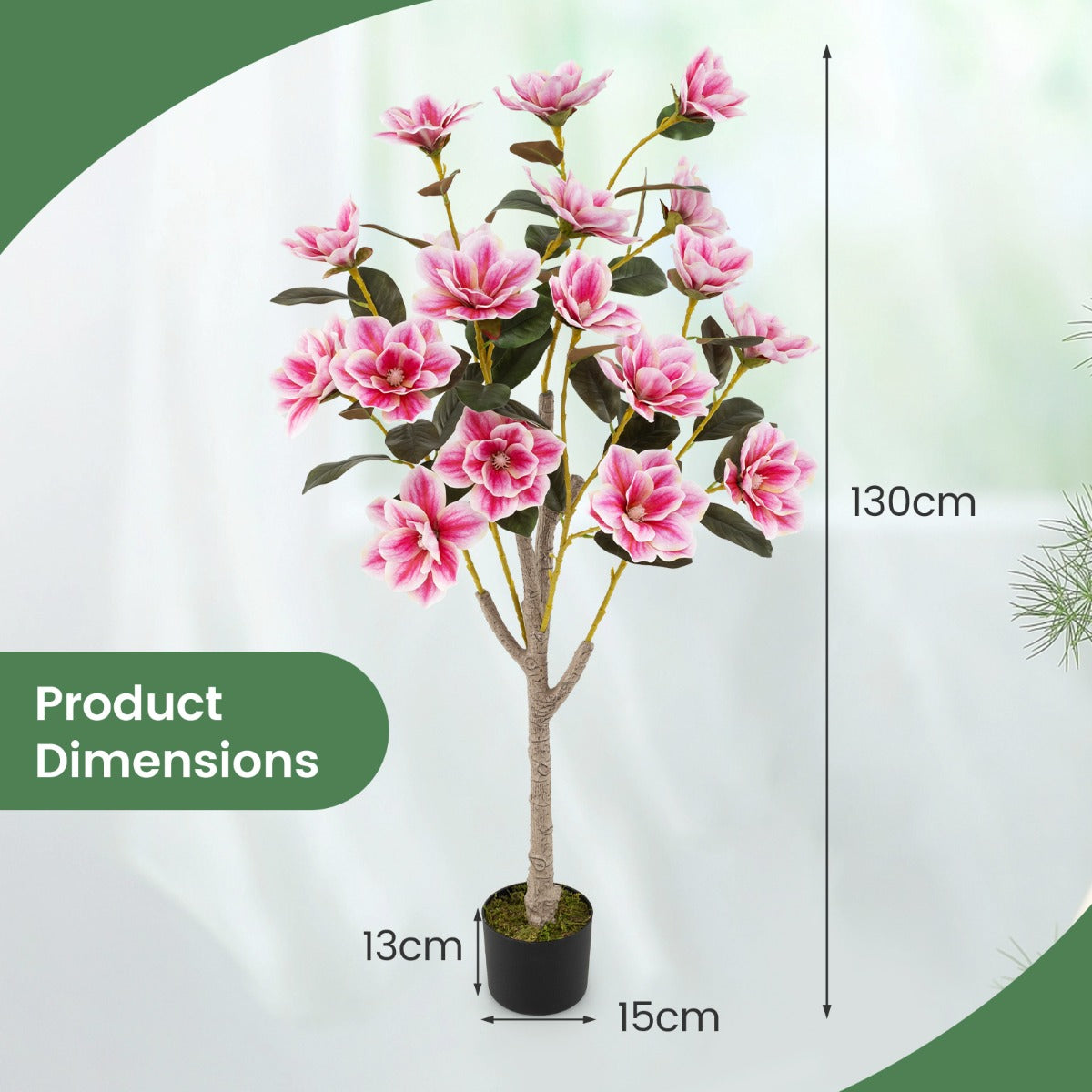 LIVSK Kunstmatige Magnoliaboom - Onderhoudsvriendelijk - PEVA Bladeren - 18 Bloemen - 130 cm - Groen