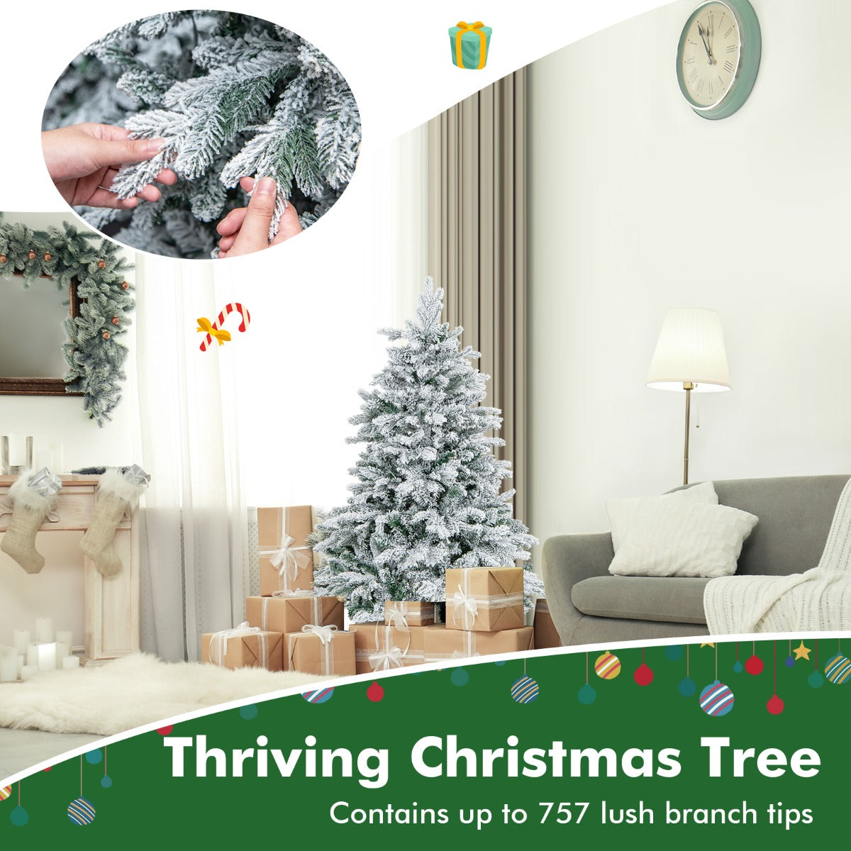 Livsk costway kunstkerstboom 135 cm 757 takken 260 warmwitte led lampjes geflockt scharnierend voorgeinstalleerde lampjes 6