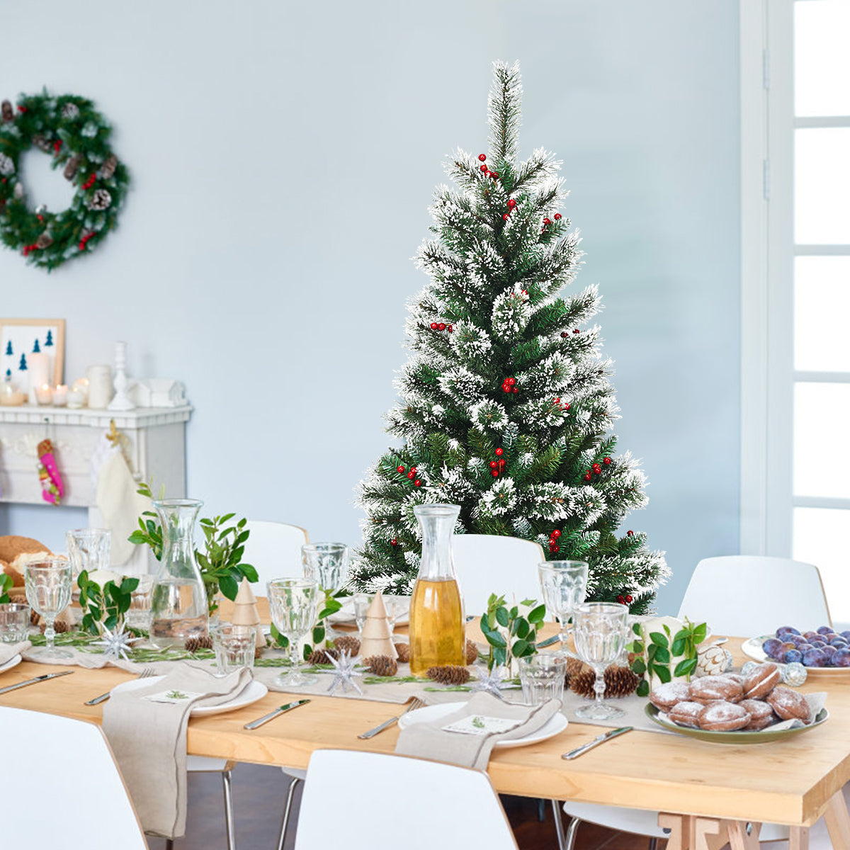 LIVSK Kunstkerstboom 150 cm - Opvouwbaar - 100% PVC - Sneeuwvlokken en Rode Bessen - Duurzaam en Levensecht - Groen + Wit + Rood