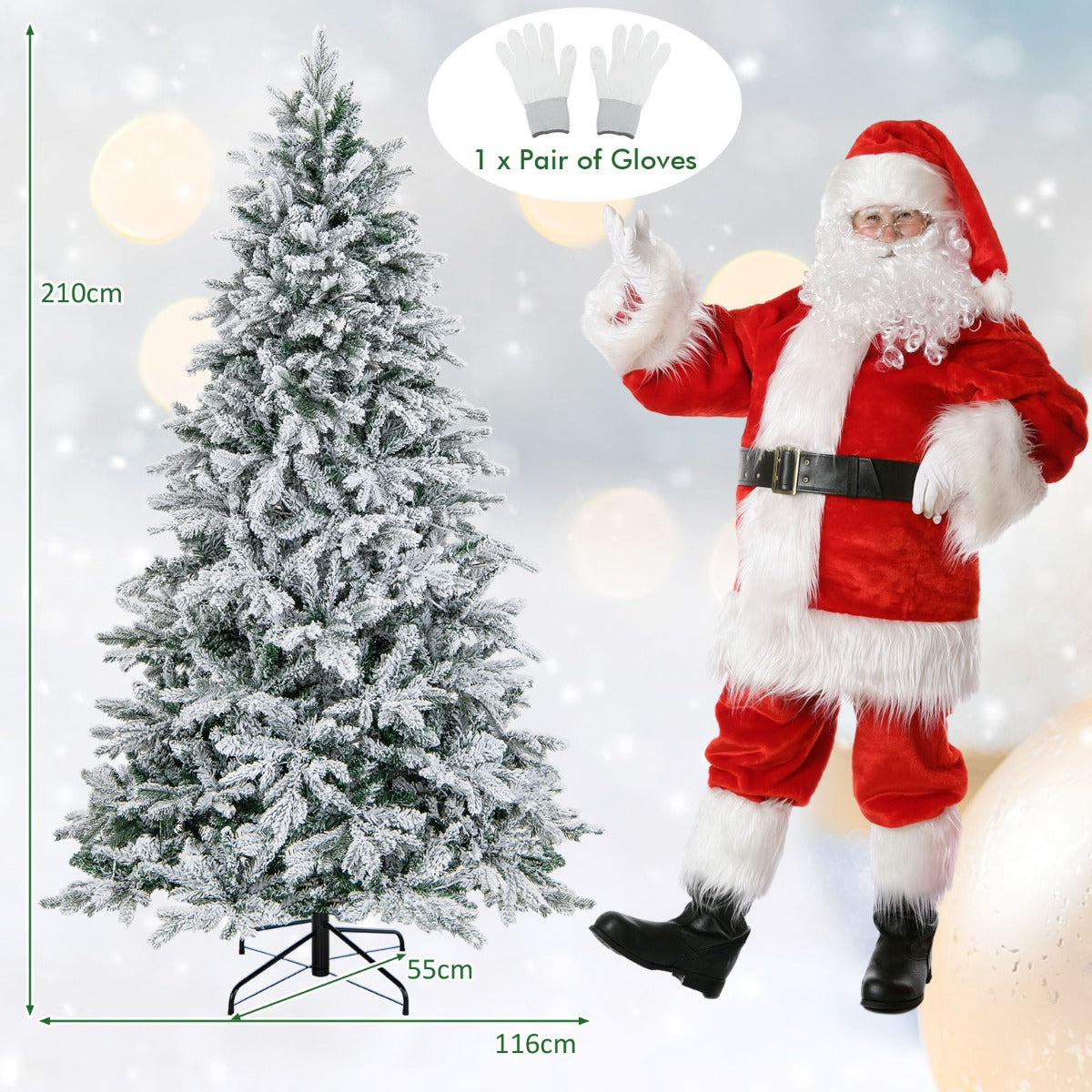 Livsk costway kunstkerstboom 210 cm hoog 1684 takken 300 warmwitte led lampjes geflockt scharnierend voorverlicht 2