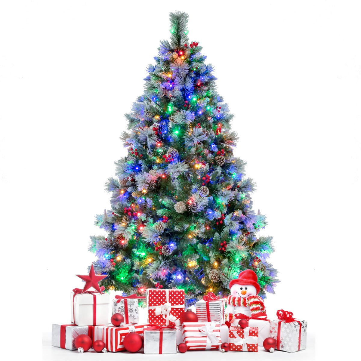 LIVSK Verlichte Kunstkerstboom - 350 LED's met 11 Modi - 747 Takken - Inclusief 55 Dennenappels en Bessen - 180 cm - Groen en Wit