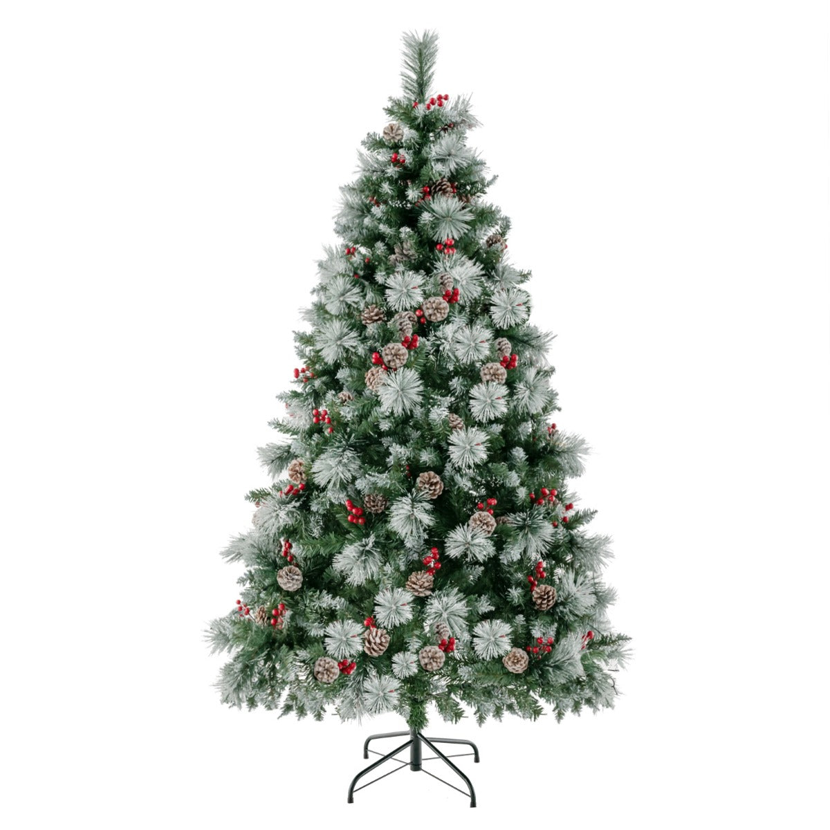 LIVSK Verlichte Kunstkerstboom - 350 LED's met 11 Modi - 747 Takken - Inclusief 55 Dennenappels en Bessen - 180 cm - Groen en Wit
