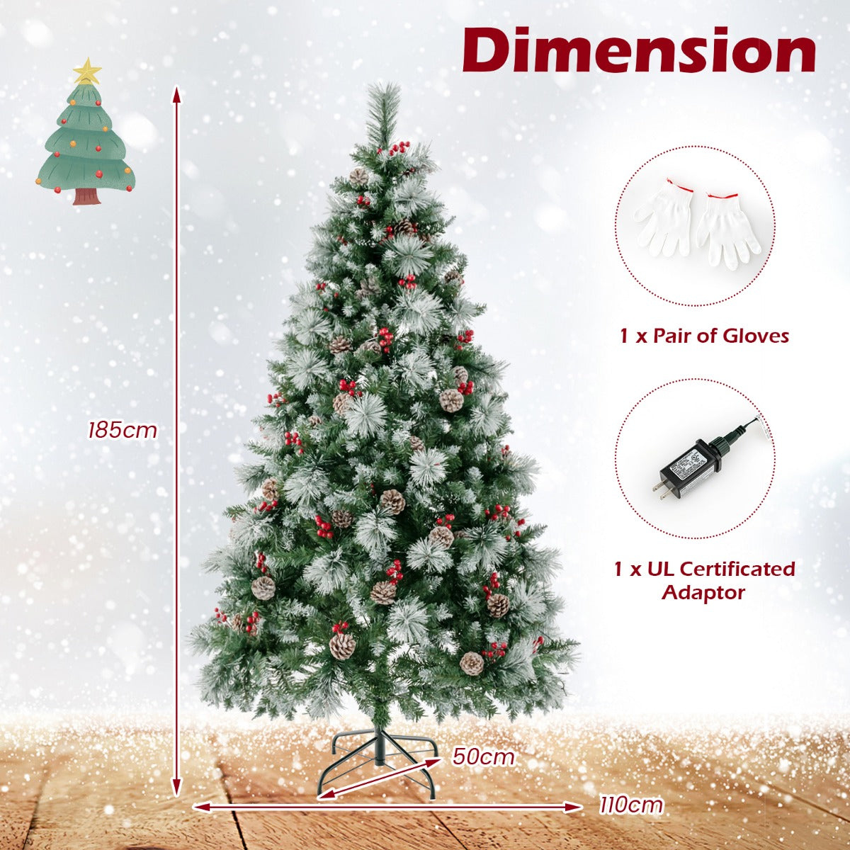 LIVSK Verlichte Kunstkerstboom - 350 LED's met 11 Modi - 747 Takken - Inclusief 55 Dennenappels en Bessen - 180 cm - Groen en Wit