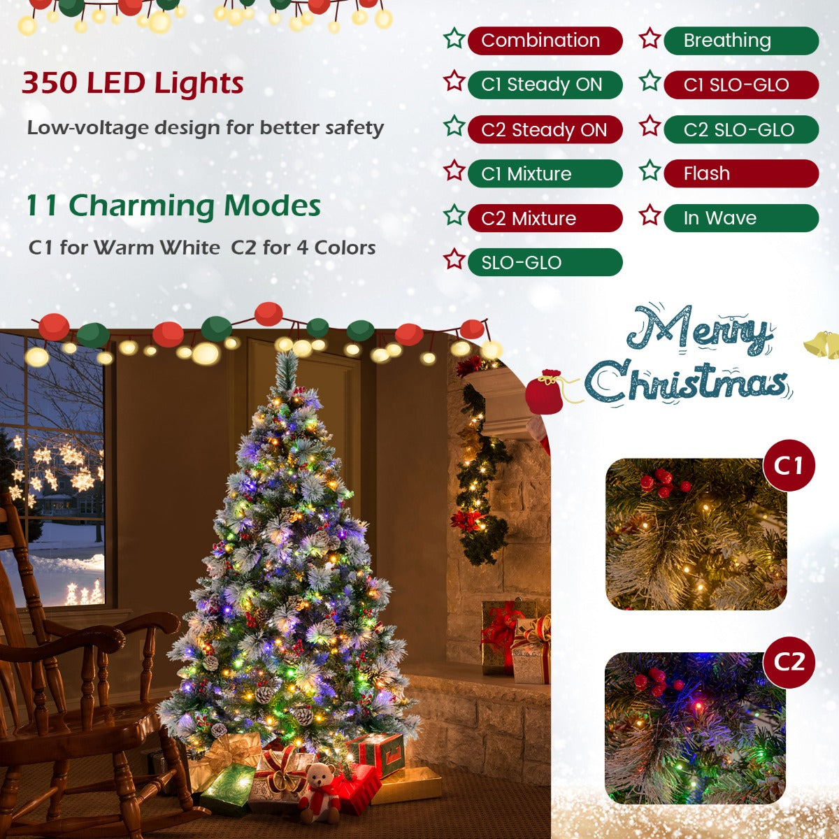 LIVSK Verlichte Kunstkerstboom - 350 LED's met 11 Modi - 747 Takken - Inclusief 55 Dennenappels en Bessen - 180 cm - Groen en Wit