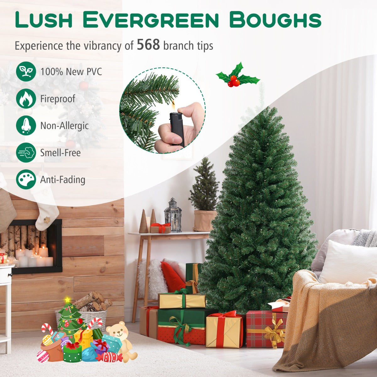 Livsk costway kunstkerstboom met 568 pvc takken 200 warmwitte ledlampjes 8 verlichtingsmodi handschoenen 2
