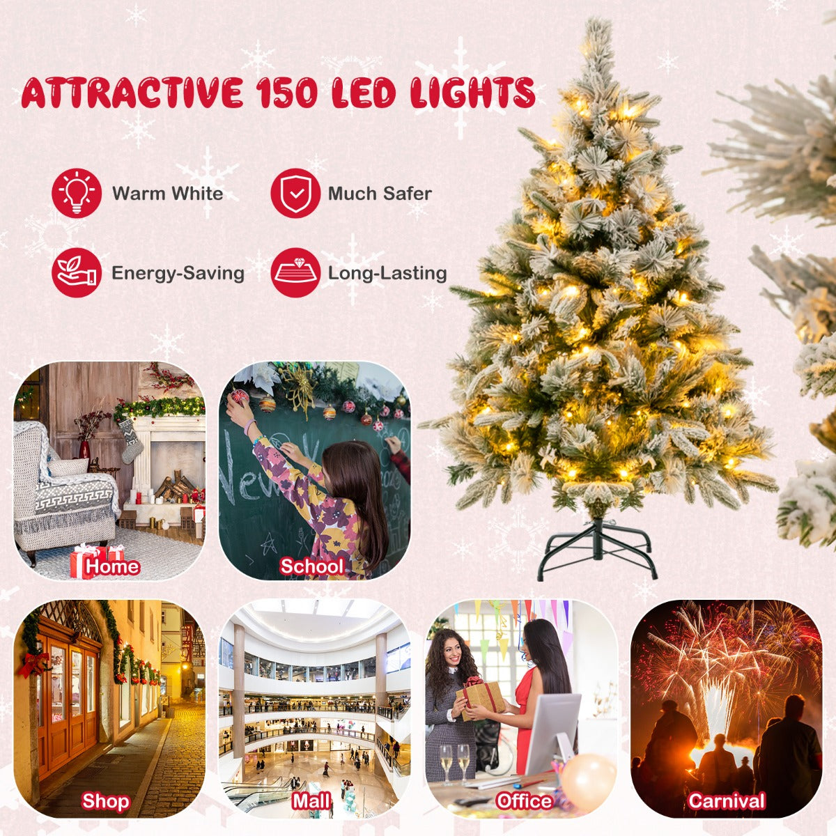LIVSK Kunstkerstboom 136 cm - 384 takpunten - 150 Warmwitte LED-lampen - Brandwerend PE en PVC - Inklapbaar Frame - Wit en groen