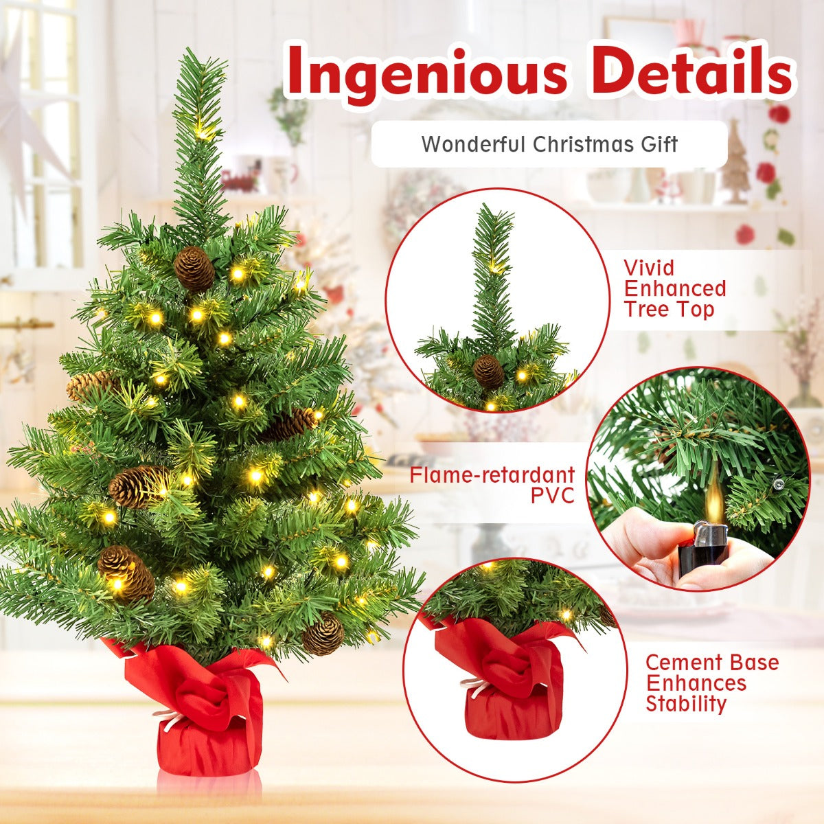 LIVSK Mini-Kerstboom met Verlichting - 50 LED-lampen - 75 Takken - Compact voor Thuis of Kantoor - 64 cm - Groen