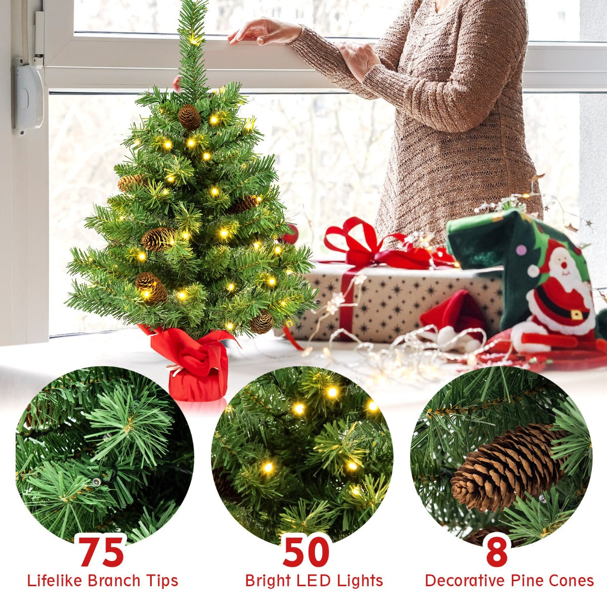LIVSK Mini-Kerstboom met Verlichting - 50 LED-lampen - 75 Takken - Compact voor Thuis of Kantoor - 64 cm - Groen