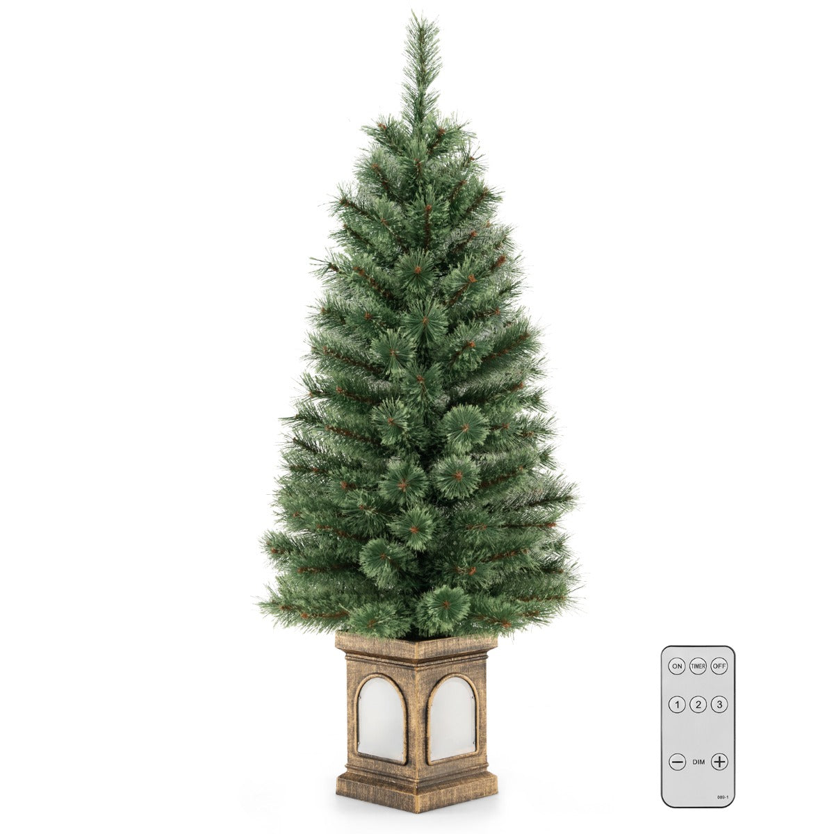LIVSK Kunstkerstboom 120 cm - 116 Takken - 100 LED-lampjes - Afstandsbediening - Timer - Cement Gevulde Basis - Groen en goud