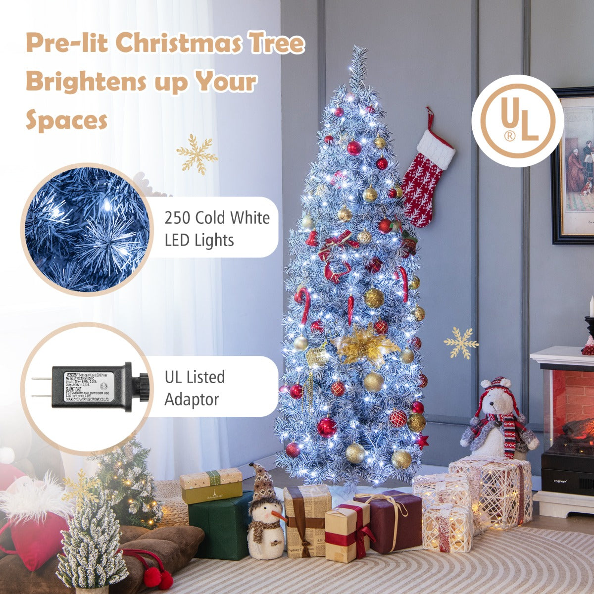 LIVSK Kunstkerstboom 180 cm - 475 Takpunten - 250 Koelwitte LED-lampjes - Scharnierstructuur - Slanke Potloodvorm - Wit-Zwart