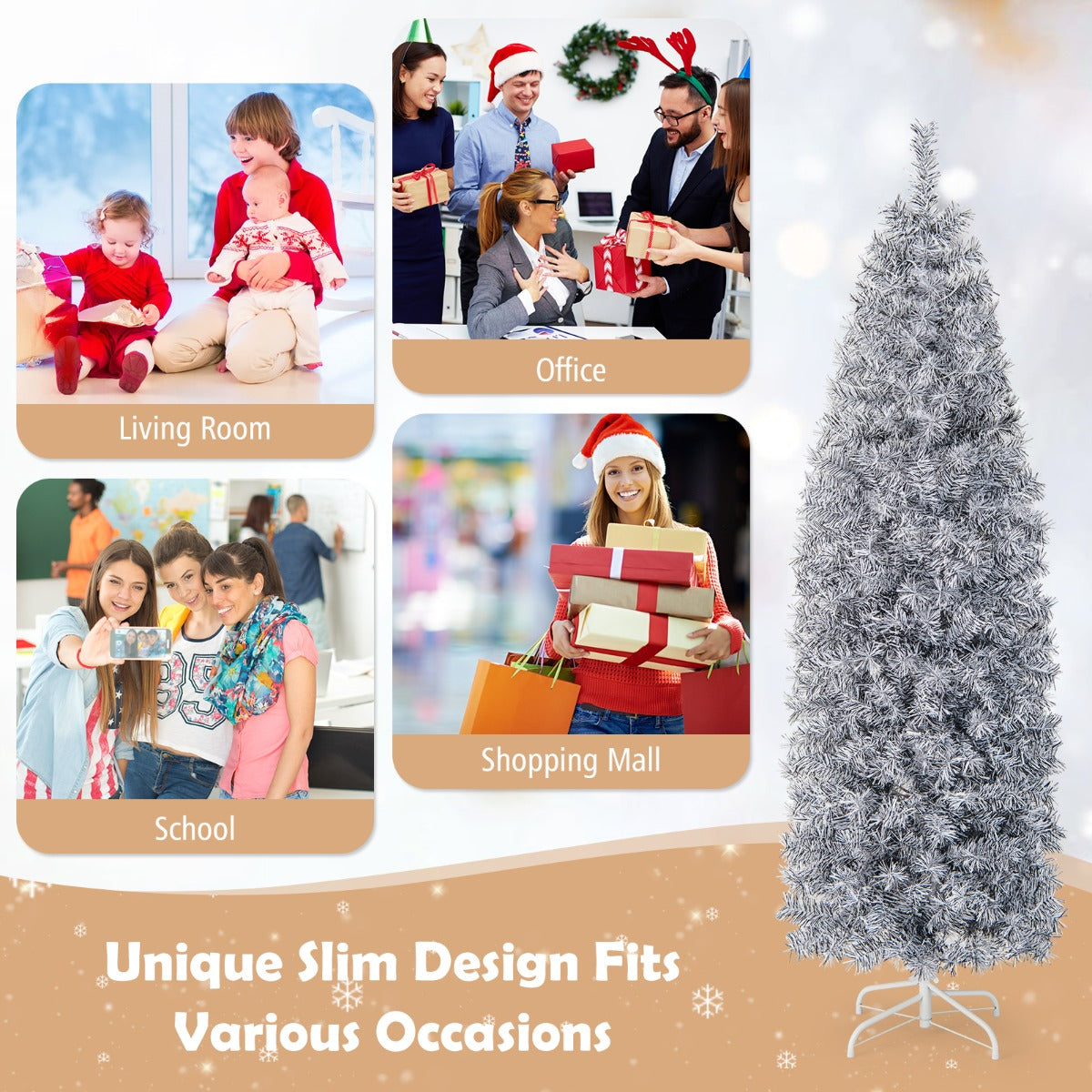 LIVSK Kunstkerstboom 180 cm - 475 Takpunten - 250 Koelwitte LED-lampjes - Scharnierstructuur - Slanke Potloodvorm - Wit-Zwart