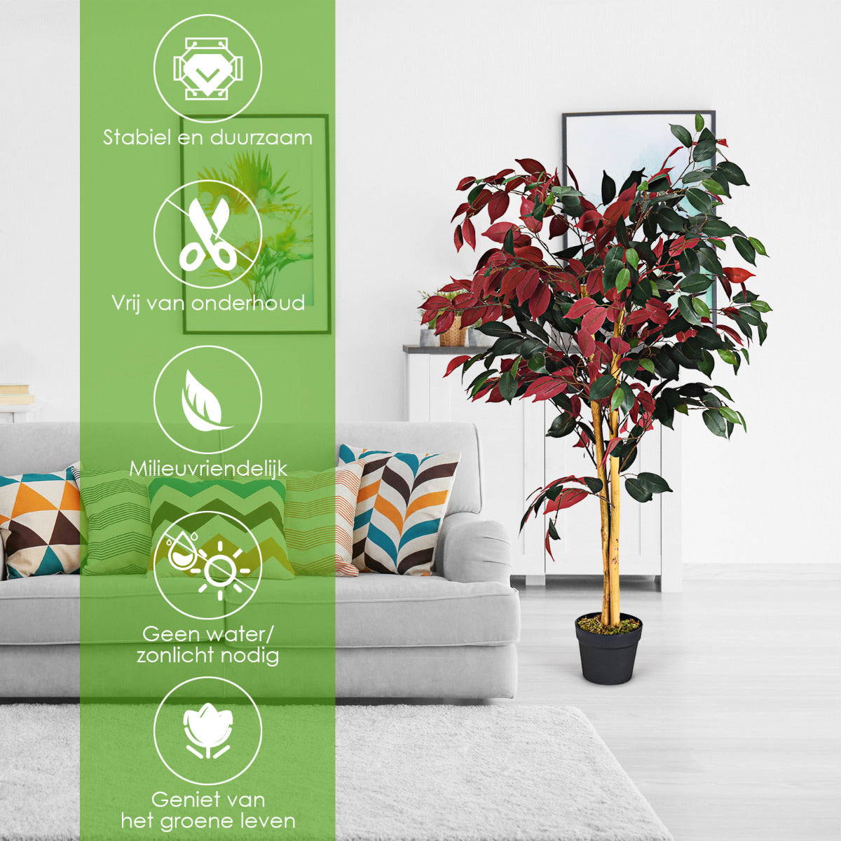 LIVSK Kunstficus - 120 cm Hoog - 2 Stammen - 504 Bladeren - Onderhoudsvrij - Stabiliteit met Cementbasis - Groen en Rood
