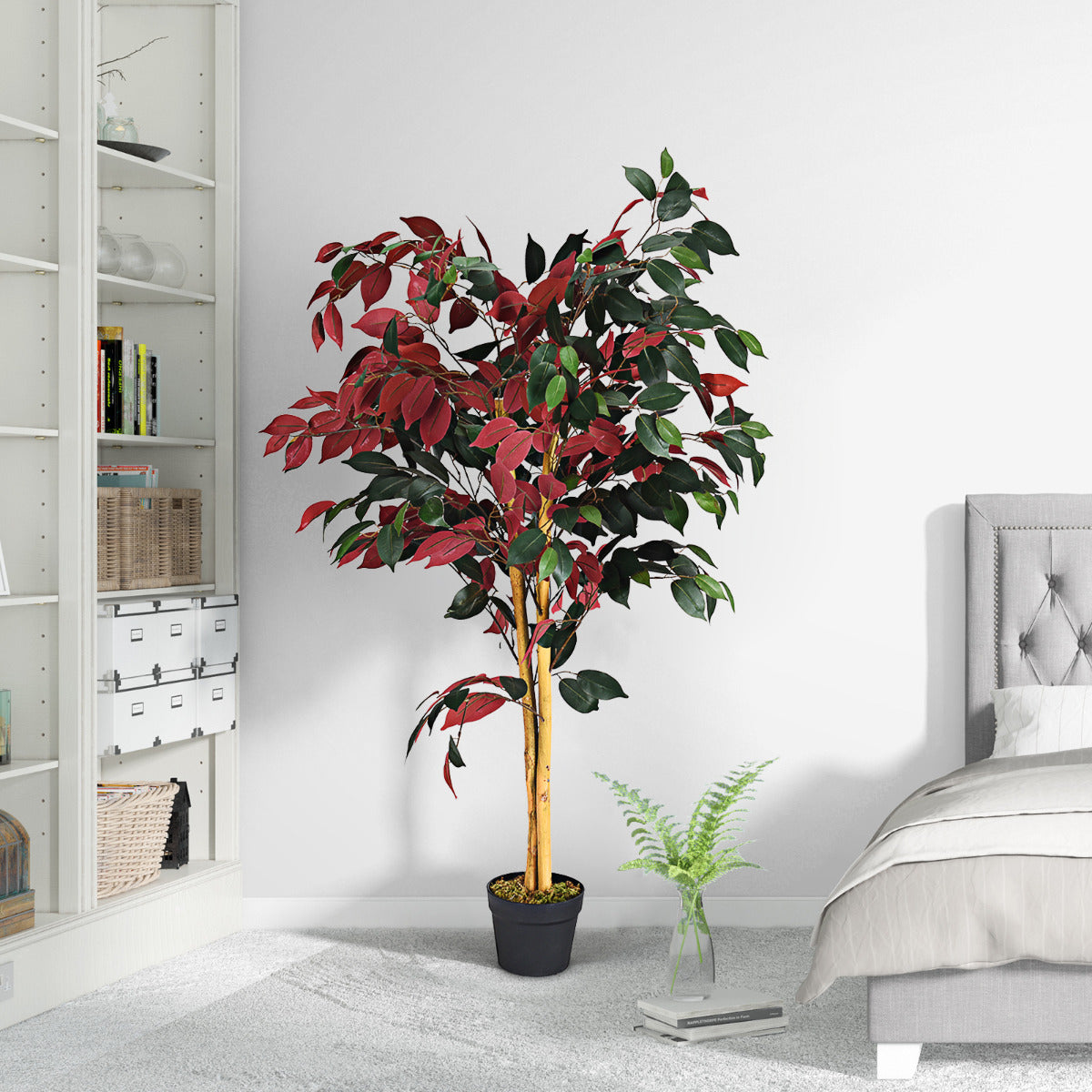 LIVSK Kunstficus - 120 cm Hoog - 2 Stammen - 504 Bladeren - Onderhoudsvrij - Stabiliteit met Cementbasis - Groen en Rood