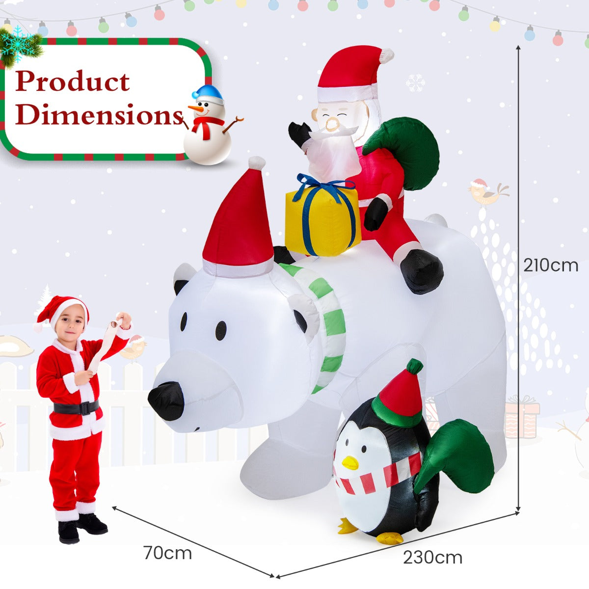 Livsk costway kunstmatige dennenboom met led lampjes en opblaasbare kerstmanbeer opvouwbare kerstboom in warm wit en opblaasbare kerstboom 3