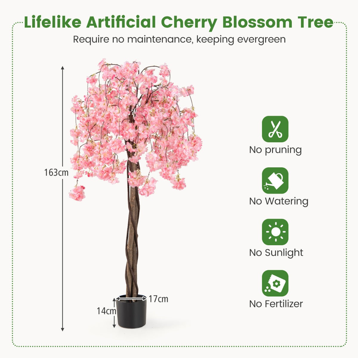 LIVSK Kunstmatige Kersenbloesemboom - Hoogte 163 cm - Realistische Houten Stammen - Onderhoudsvrij - Inclusief Pot - Roze