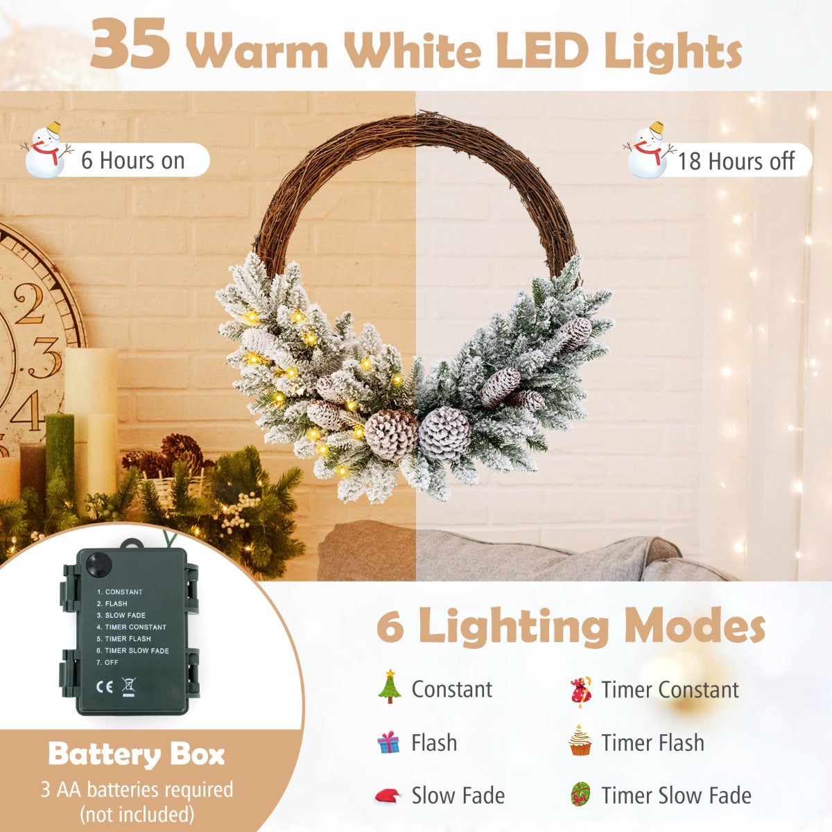 LIVSK Verlichte Kerstkrans - Sneeuwbedekt met 35 LED - lampen - Levensecht Design - Batterijgevoed - Voor Binnen en Buiten - Wit
