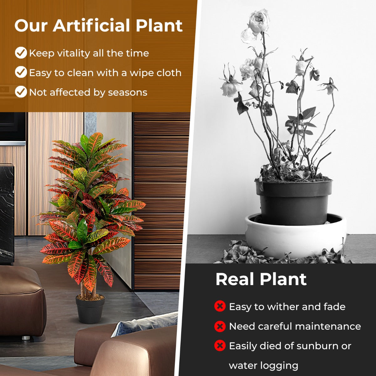 LIVSK Kunstmatige Krotonplant 100 cm - Levendige Bladeren - Natuurlijke Houten Stam - Stevige Pot - Groen
