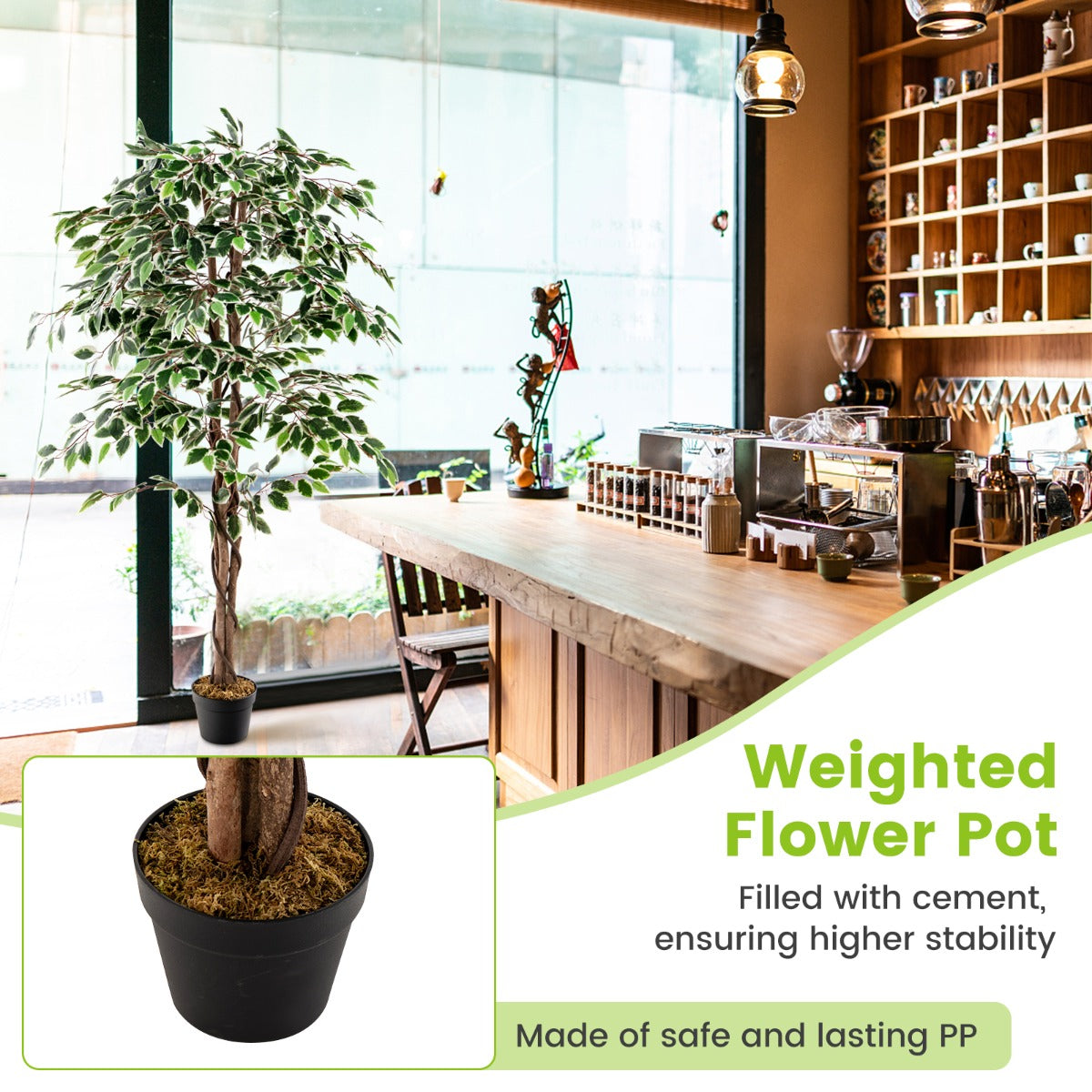 LIVSK Kunstmatige Ficus Boom 160 cm - 1008 Bladeren - Levensechte Houten Stam - Hypoallergeen - Cementgevulde Voet - Groen