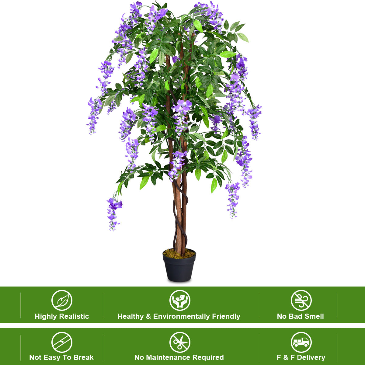 LIVSK Kunstplant met Weelderig Gebladerte - 3 Bloemen - Stabiele Cementen Pot - Onderhoudsvrij - Hoogte 150 cm - Paars