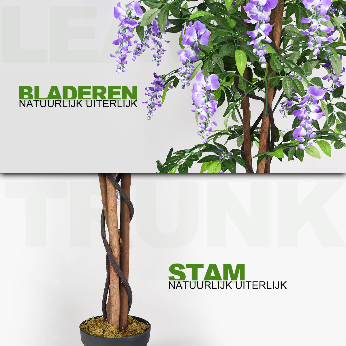 LIVSK Kunstplant met Weelderig Gebladerte - 3 Bloemen - Stabiele Cementen Pot - Onderhoudsvrij - Hoogte 150 cm - Paars