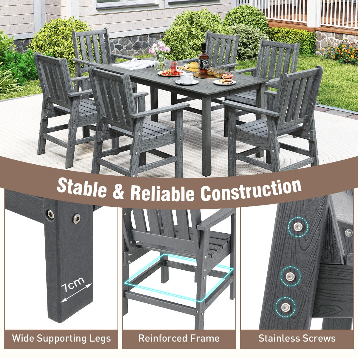 LIVSK Weerbestendige Tuinstoel - HDPE Materiaal - Hoge Rugleuning - Ergonomisch Ontwerp - Tot 150 kg - 61 x 61,5 x 95 cm - Grijs