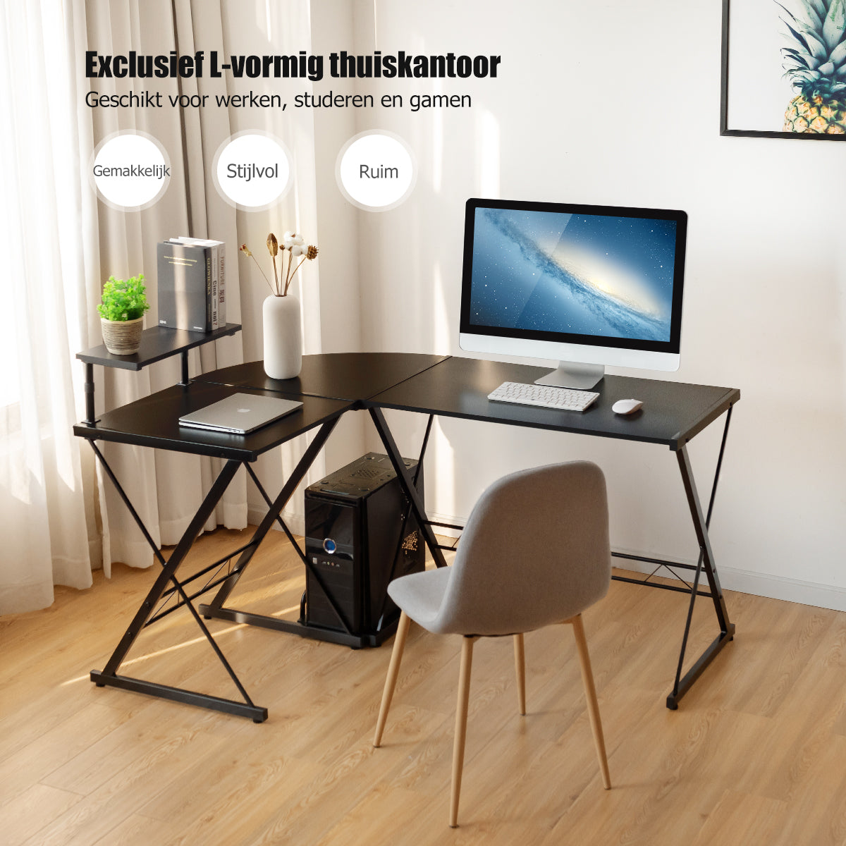 LIVSK L-vormig Computerbureau - Ruim Bureaublad - Duurzaam Hout en Staal - Flexibele Opstelling - 147 x 112 x 79 cm - Zwart