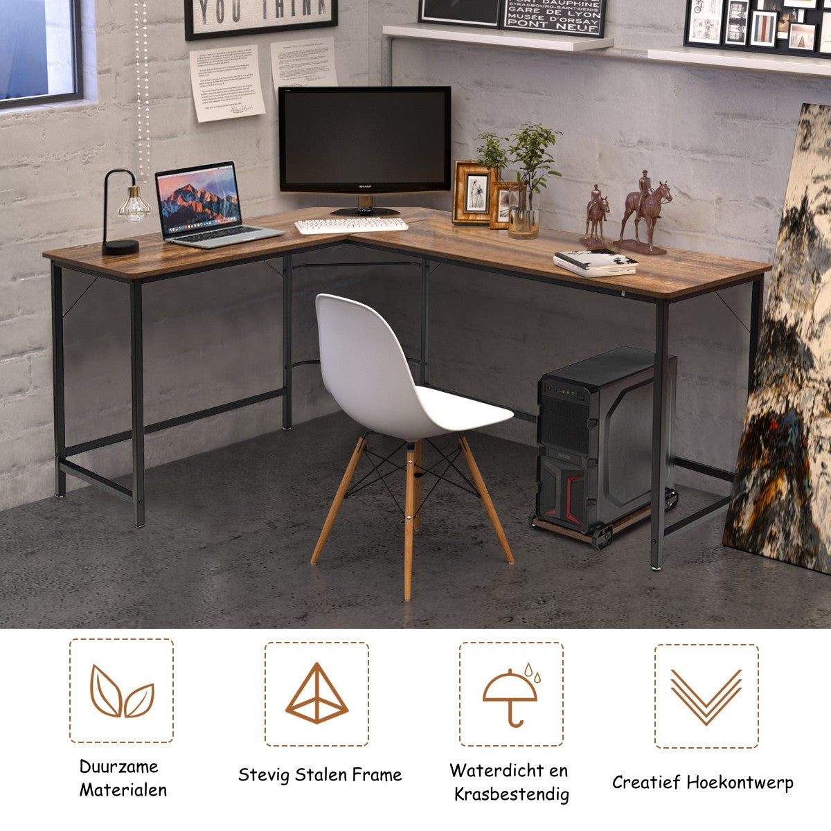 LIVSK L-vormig computerbureau - Ruimtebesparend ontwerp - Duurzaam MDF en ijzer - Stabiel - 168 x 125 x 74 cm - Koffie