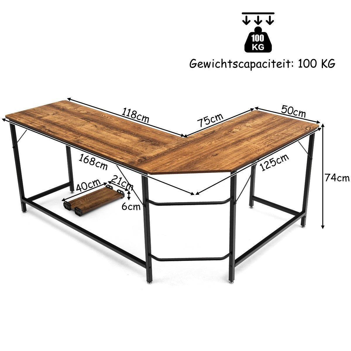 LIVSK L-vormig computerbureau - Ruimtebesparend ontwerp - Duurzaam MDF en ijzer - Stabiel - 168 x 125 x 74 cm - Koffie