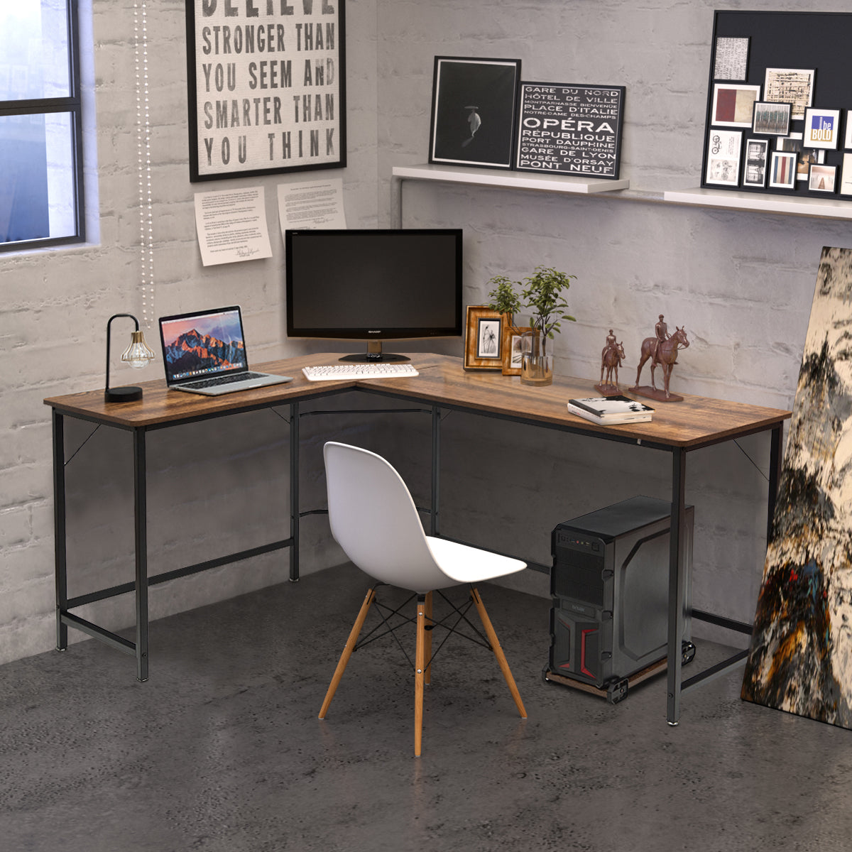 LIVSK L-vormig computerbureau - Ruimtebesparend ontwerp - Duurzaam MDF en ijzer - Stabiel - 168 x 125 x 74 cm - Koffie