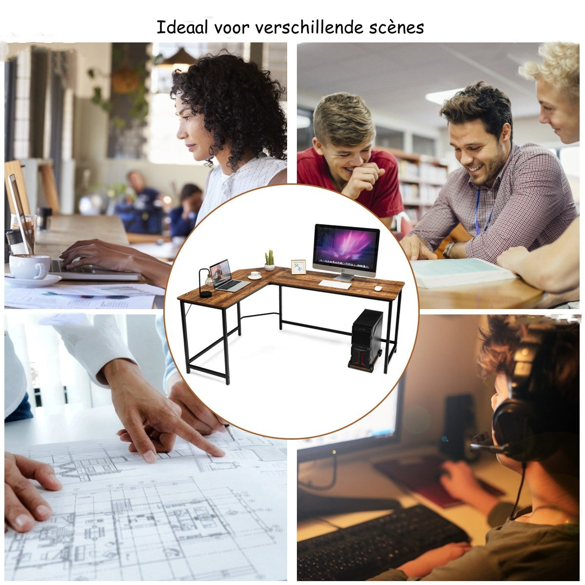 LIVSK L-vormig computerbureau - Ruimtebesparend ontwerp - Duurzaam MDF en ijzer - Stabiel - 168 x 125 x 74 cm - Koffie