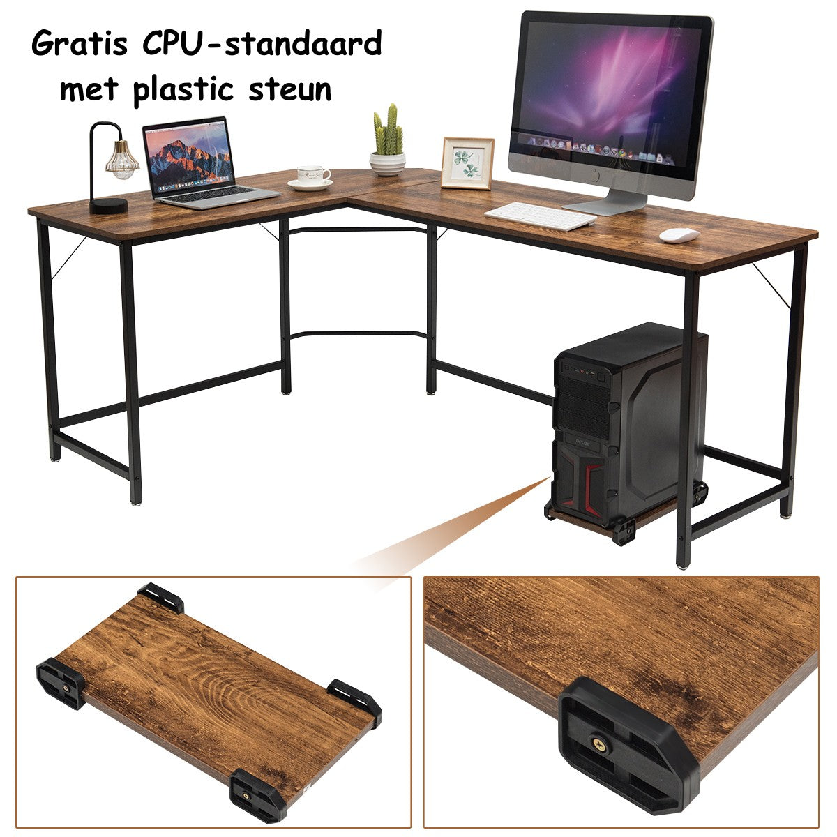 LIVSK L-vormig computerbureau - Ruimtebesparend ontwerp - Duurzaam MDF en ijzer - Stabiel - 168 x 125 x 74 cm - Koffie